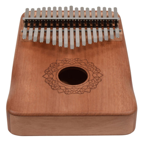 Introducing the Chord Kalimba 17-Key Cmajor Okoume, a stunning finger piano crafted from carved okoume wood. It boasts metal tines and a circular sound hole, enhanced by a smooth finish and an elegantly engraved floral pattern surrounding it.