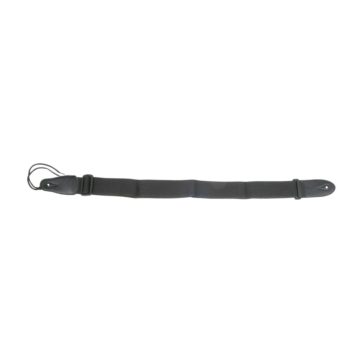Chord STP-B1 adjustable guitar strap in black synthetic webbing with leather-style ends and slider buckle, shown flat on a plain white background.