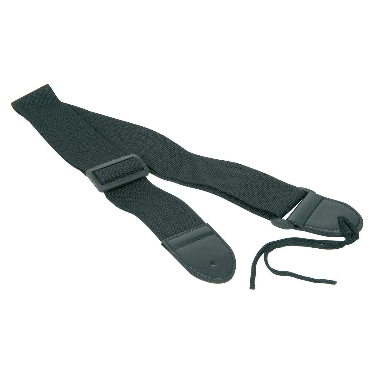 The Chord Guitar Strap is a black guitar strap made from synthetic material, featuring leather ends and a tie cord. It offers an adjustable length with a convenient plastic buckle for easy customization.