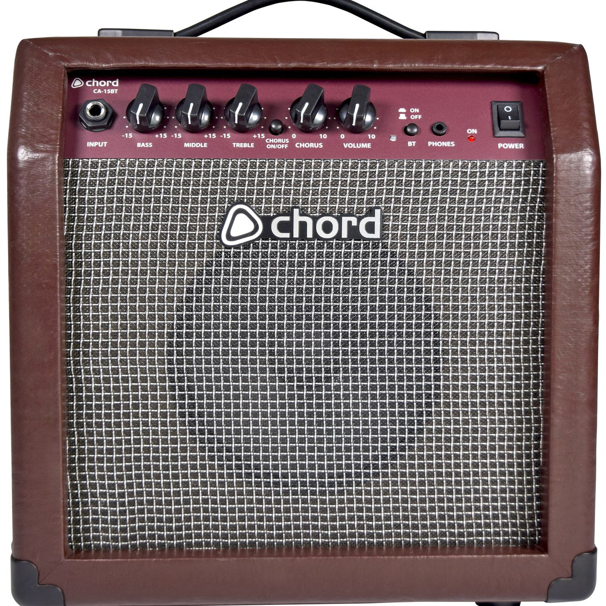 Chord CA-15BT 15W acoustic guitar combo amp in brown vinyl with basket weave speaker cloth, 3-band EQ, chorus, Bluetooth and power controls.