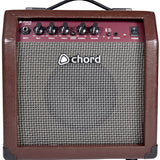 Chord CA-15BT 15W acoustic guitar combo amp in brown vinyl with basket weave speaker cloth, 3-band EQ, chorus, Bluetooth and power controls.