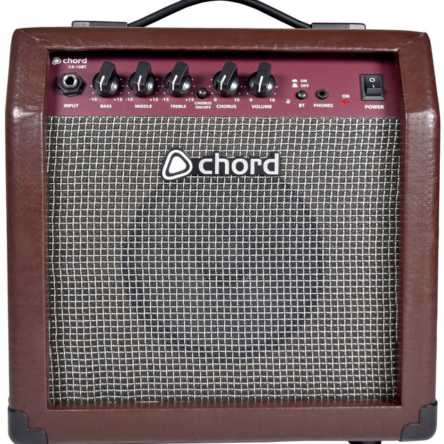 Chord CA-15BT 15W acoustic guitar combo amp in brown vinyl with basket weave speaker cloth, 3-band EQ, chorus, Bluetooth and power controls.