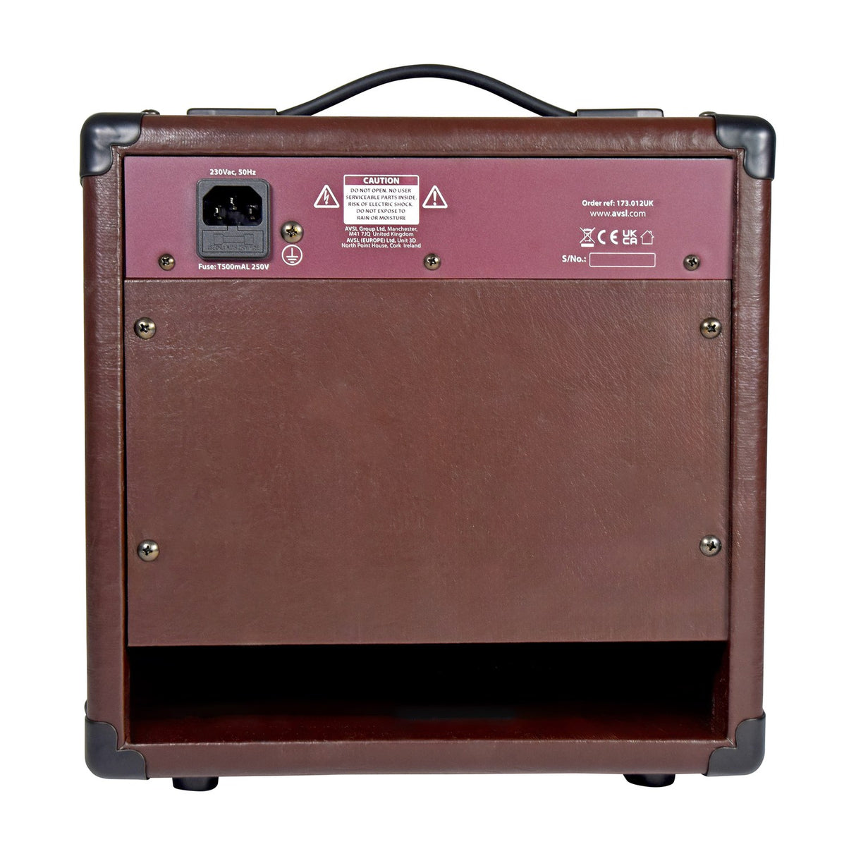 Rear view of the Chord CA-15BT acoustic guitar amp in brown vinyl, showing IEC mains inlet, fuse holder and caution label on a plain background.