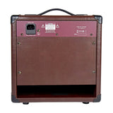 Rear view of the Chord CA-15BT acoustic guitar amp in brown vinyl, showing IEC mains inlet, fuse holder and caution label on a plain background.