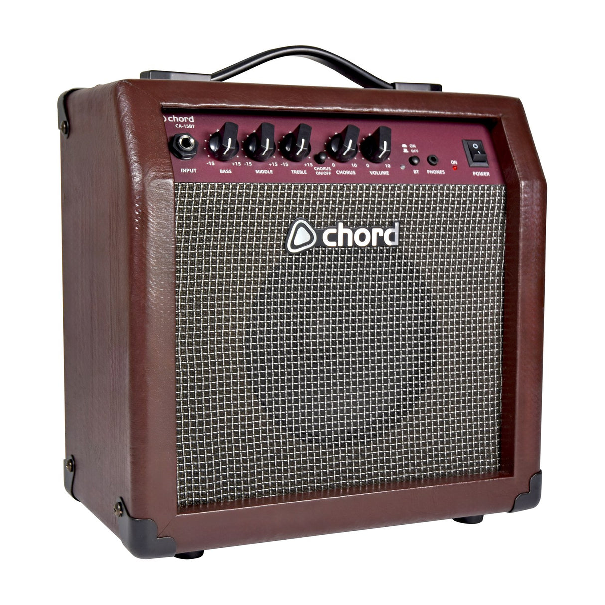 Chord CA-15BT 15W acoustic guitar amp in brown vinyl with EQ, chorus and Bluetooth controls above a basket weave speaker grille, on a white background.