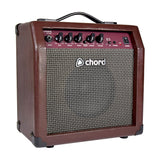 Chord CA-15BT 15W acoustic guitar amp in brown vinyl with EQ, chorus and Bluetooth controls above a basket weave speaker grille, on a white background.