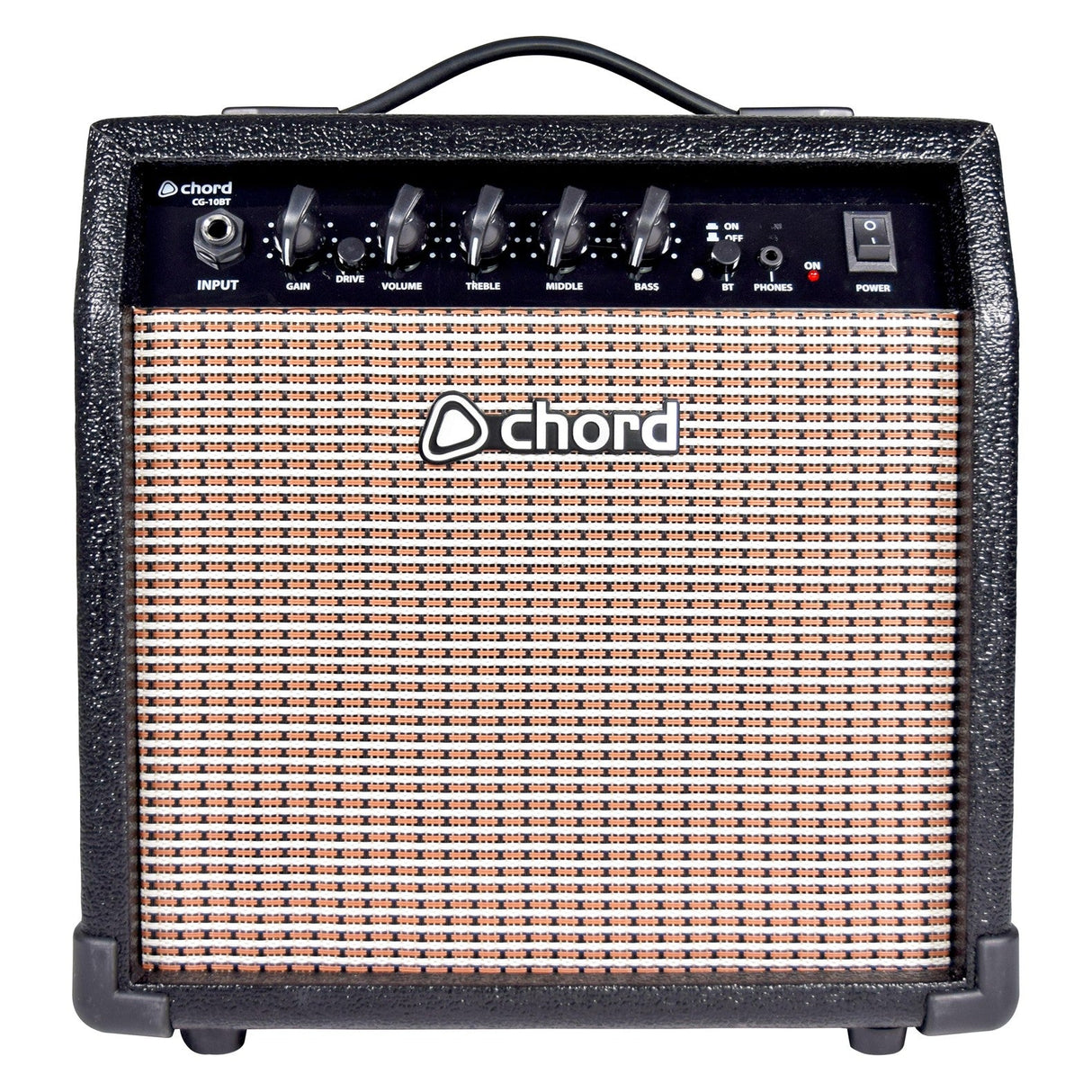 The Chord CG-10BT guitar amplifier, featuring a black finish and woven front panel, delivers vintage-style tones with control knobs for gain, volume, treble, middle, and bass. Its centered logo adds a classic touch, and the top handle ensures easy portability.