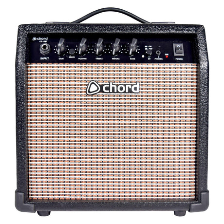 The Chord CG-10BT guitar amplifier, featuring a black finish and woven front panel, delivers vintage-style tones with control knobs for gain, volume, treble, middle, and bass. Its centered logo adds a classic touch, and the top handle ensures easy portability.