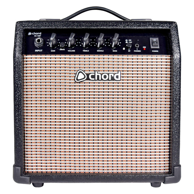 The Chord CG-10BT guitar amplifier, featuring a black finish and woven front panel, delivers vintage-style tones with control knobs for gain, volume, treble, middle, and bass. Its centered logo adds a classic touch, and the top handle ensures easy portability.