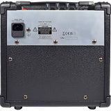 Rear view of the Chord CB-15BT bass combo amp from AVSL, showing IEC mains inlet, fuse, caution label and black textured cabinet.