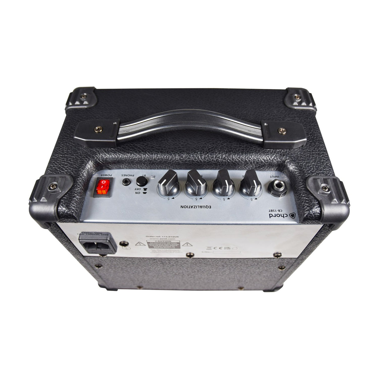 Top-down view of the Chord CB-15BT bass combo amp showing the carry handle and rear panel with power switch, phones jack, Bluetooth button, EQ knobs and input.