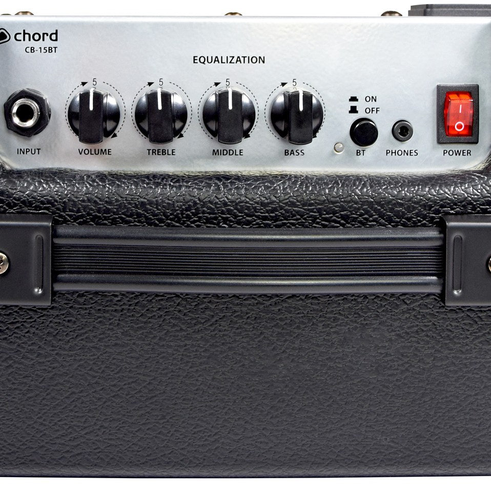 Chord CB-15BT Bass Combo Amp control panel with input jack, volume, treble, middle and bass EQ knobs, Bluetooth switch, phones socket and red power switch.