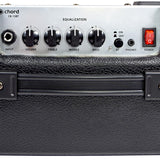 Chord CB-15BT Bass Combo Amp control panel with input jack, volume, treble, middle and bass EQ knobs, Bluetooth switch, phones socket and red power switch.