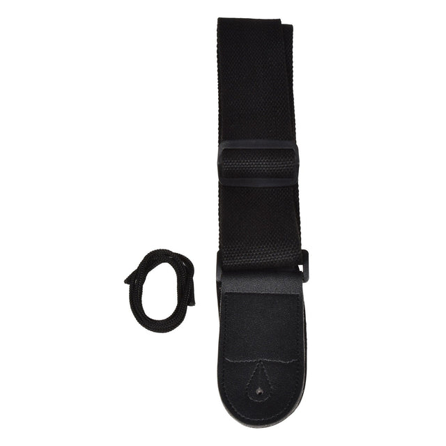 Chord Guitar Strap Coarse Weave - Black with a leather end piece, accompanied by a coiled black string on a white background.