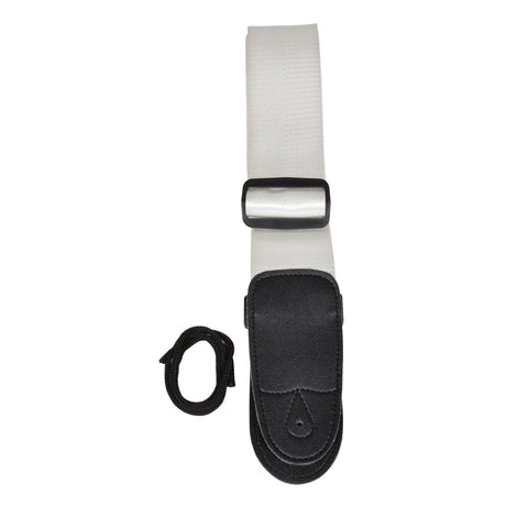 The Chord Guitar Strap Webbing in white, featuring durable PU leather ends and a black adjustment buckle, lies next to a coiled black string for attachment. This adjustable nylon strap is elegantly laid flat against a white background, ready to enhance any musical performance.