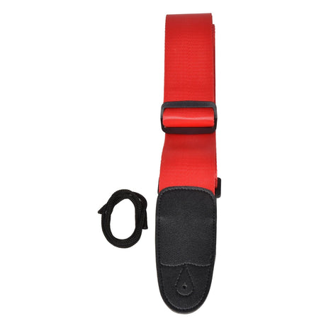 The Chord Guitar Strap Webbing in Red includes black PU leather fobs and an adjustable buckle, featuring nylon webbing for a comfortable fit. A detachable black string is looped next to it.
