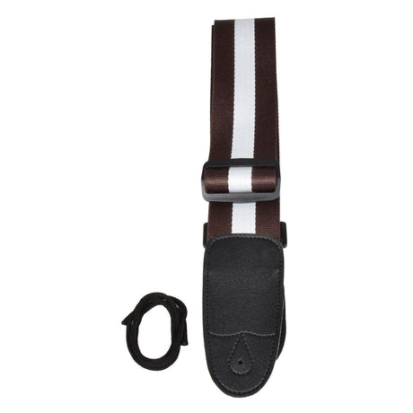 The Chord Guitar Strap Webbing in brown and white, featuring an adjustable buckle and black ends, is displayed next to a coiled black lace on a white background.
