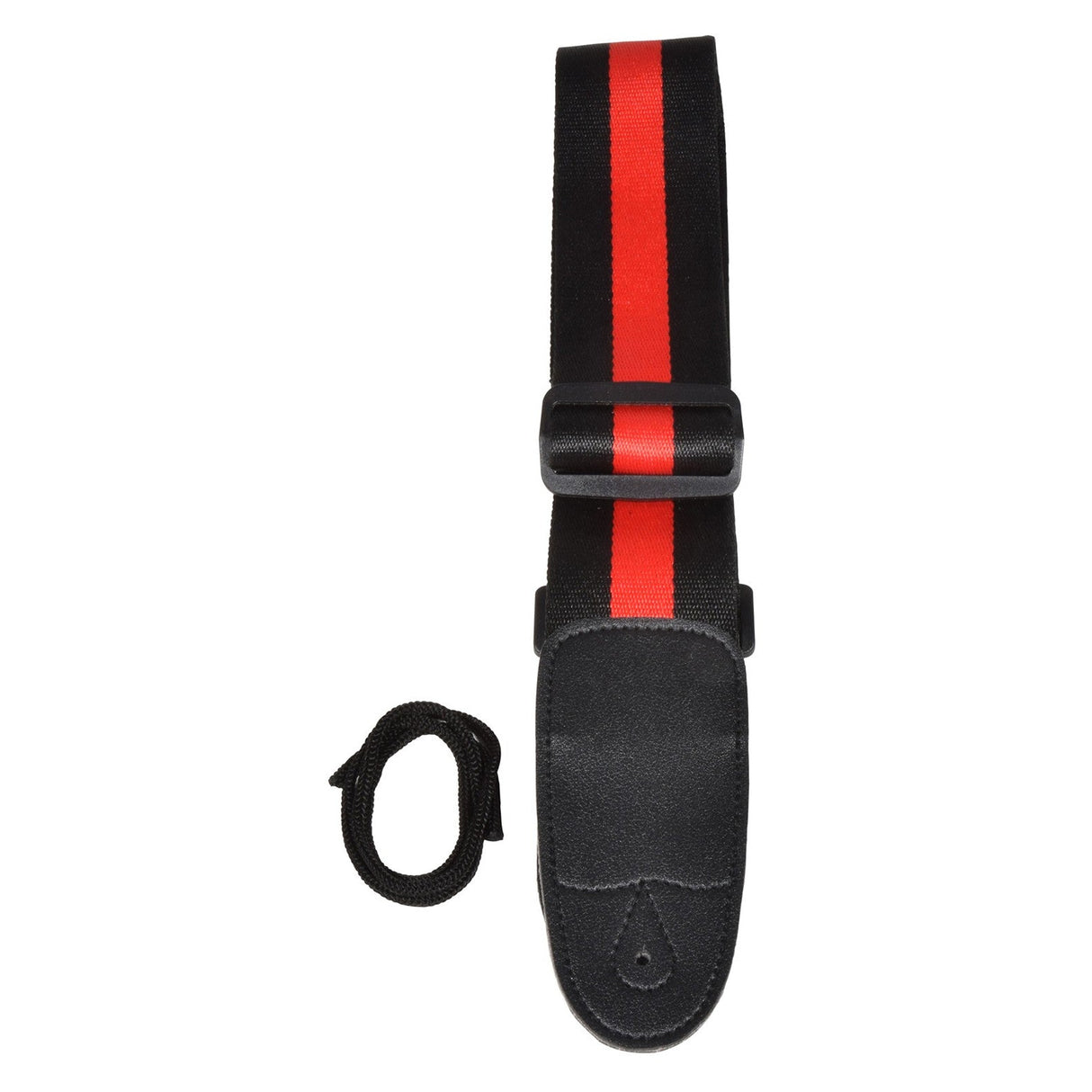 The Chord Guitar Strap Webbing - Black & Red is a PU leather strap characterized by a striking red stripe down the center. It features an adjustable buckle for convenience and includes a small black string loop beside the strap for added functionality.