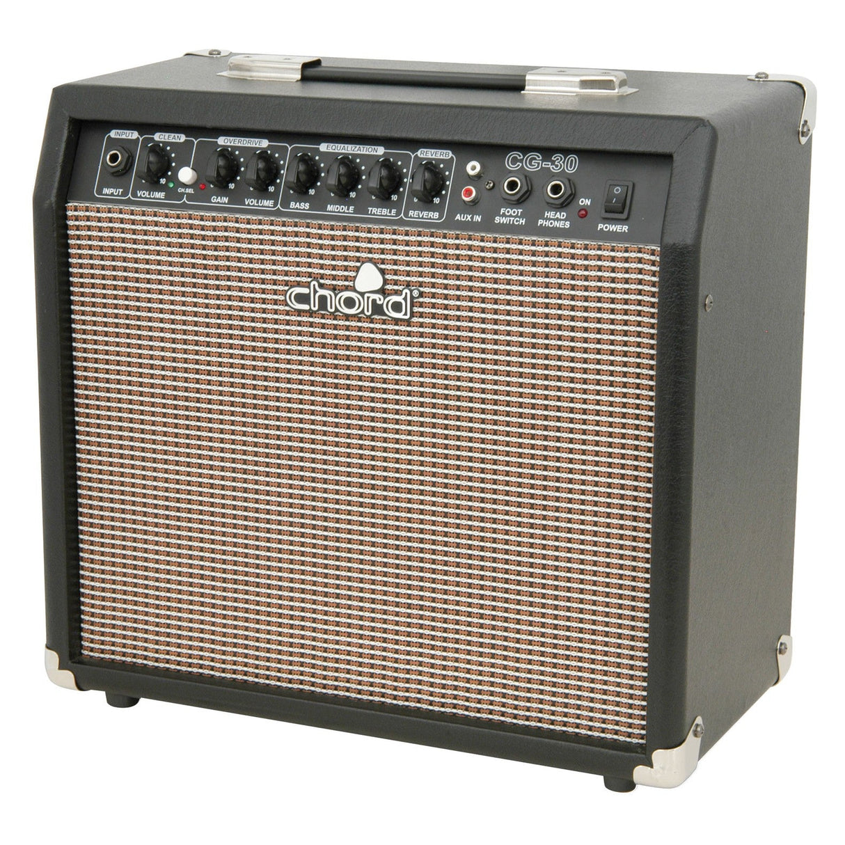 Image of the Chord CG-30 Guitar Amplifier 30W. This amp is equipped with solid-state circuitry and features control knobs for volume, gain, clean, treble, middle, bass, reverb, and headphones. It has a textured grille and a sturdy black case with metal corners to deliver vintage-style tones.