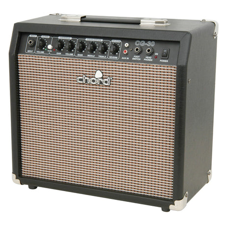 Image of the Chord CG-30 Guitar Amplifier 30W. This amp is equipped with solid-state circuitry and features control knobs for volume, gain, clean, treble, middle, bass, reverb, and headphones. It has a textured grille and a sturdy black case with metal corners to deliver vintage-style tones.