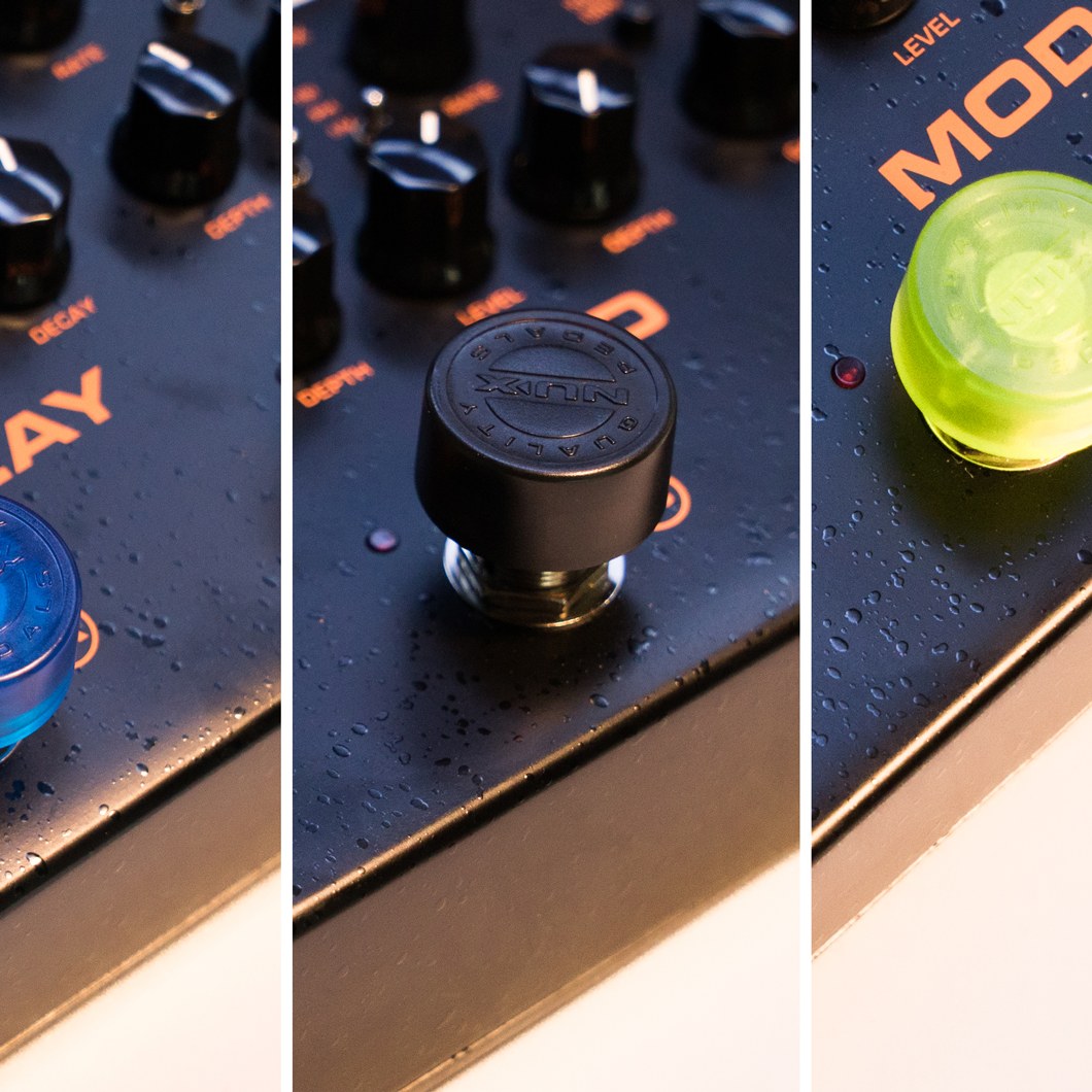 Triptych close-up of NU-X NST-1 Pedal Toppers by AVSL, showing blue, green and a bare black foot switch on a water-speckled effects pedal.
