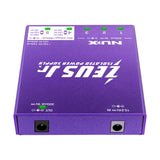 NU-X Zeus Jr. isolated pedal power supply in purple, shown upside down with input and output DC jacks visible on the end panel.