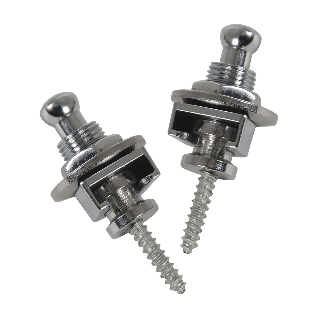Chord SL2-C guitar strap locks by AVSL, a chrome set of two with spring-loaded locking mechanism and mounting screws, shown on a white background.