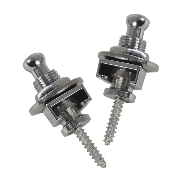 Chord SL2-C guitar strap locks by AVSL, a chrome set of two with spring-loaded locking mechanism and mounting screws, shown on a white background.