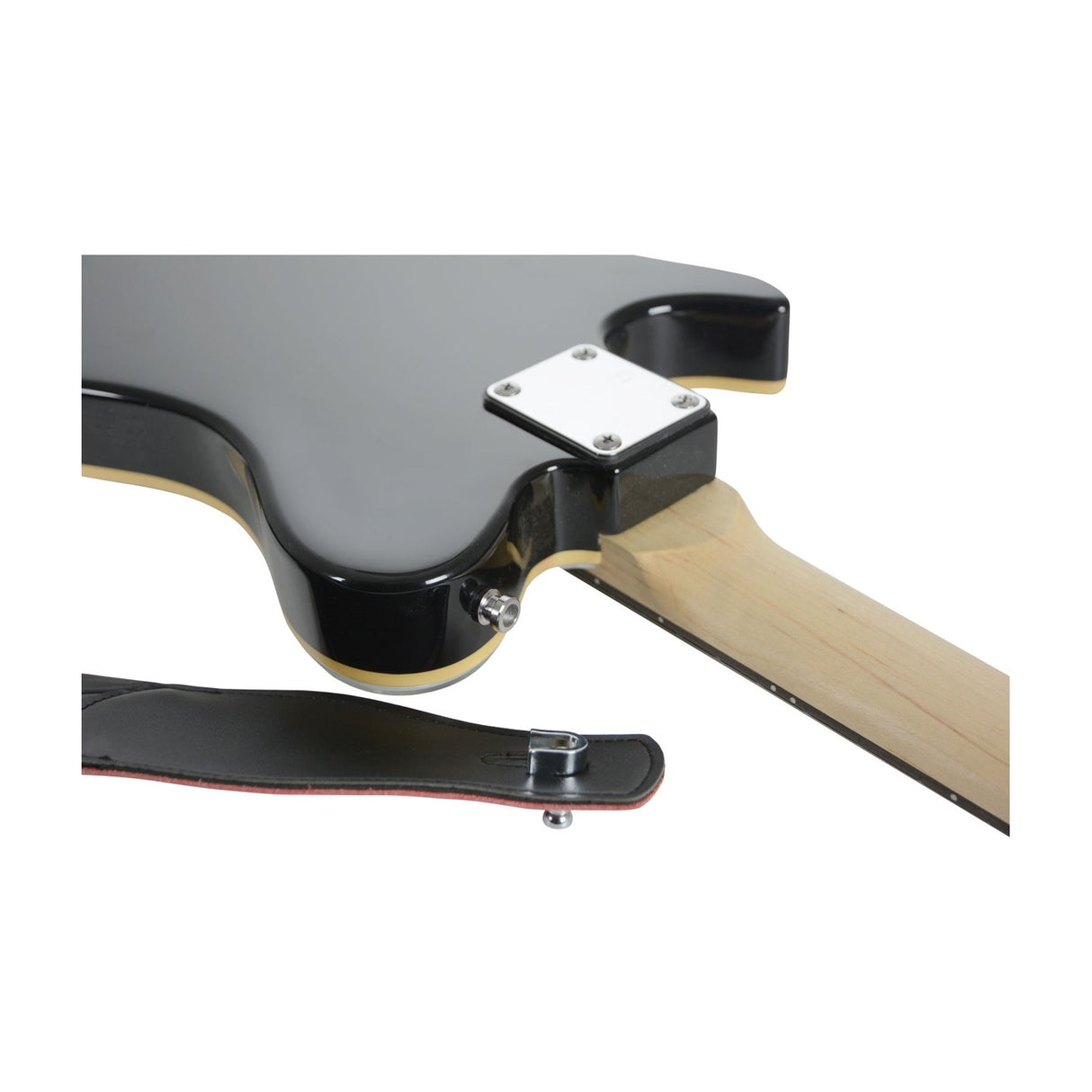 Chord SL2-C chrome strap lock fitted to the base of a black electric guitar body with a black leather strap end shown alongside.