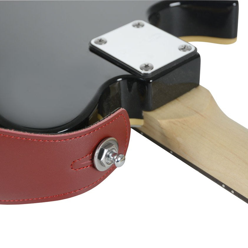 Close-up of a Chord SL2-C chrome strap lock by AVSL fitted to an electric guitar with a red leather strap attached at the neck joint.