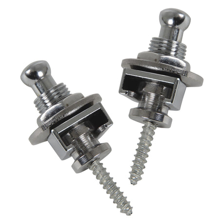 A close-up view of the Chord Set Of 2 Strap Locks For Guitar in a chrome finish displays two metallic strap lock screws. These guitar strap buttons have rounded tops and include a locking mechanism for secure attachment. Positioned diagonally, they face opposite directions against a pristine white background.