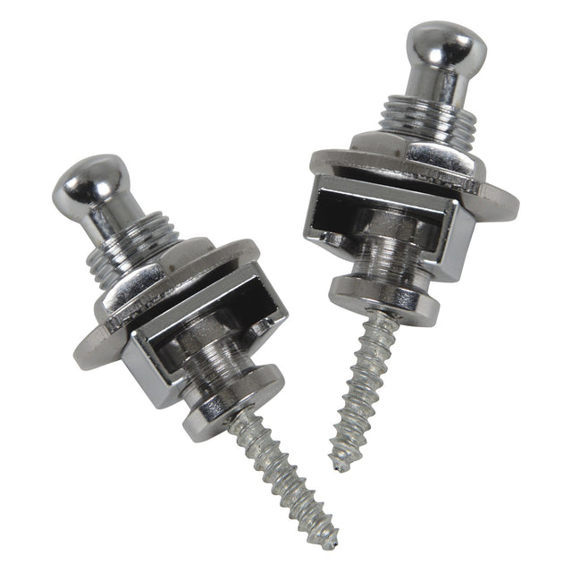 A close-up view of the Chord Set Of 2 Strap Locks For Guitar in a chrome finish displays two metallic strap lock screws. These guitar strap buttons have rounded tops and include a locking mechanism for secure attachment. Positioned diagonally, they face opposite directions against a pristine white background.