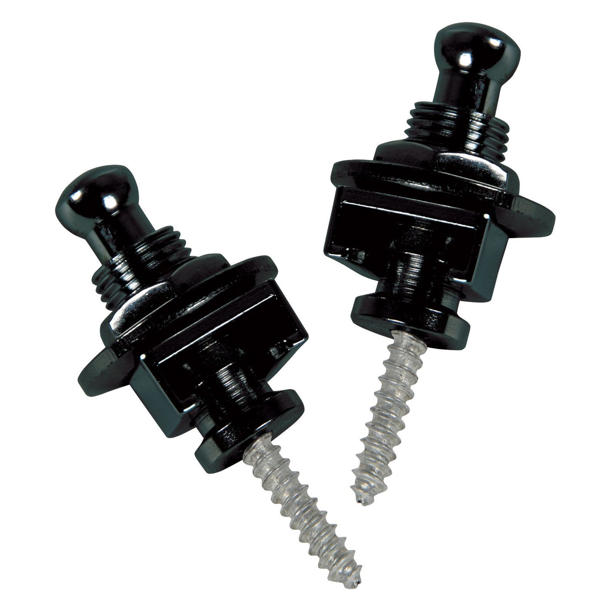 The Chord Set of 2 Strap Locks for Guitar in black features a smooth, glossy finish that contrasts with metallic screws at the ends. Positioned diagonally against a plain white background, these strap locks provide an ideal secure replacement for guitar strap applications.