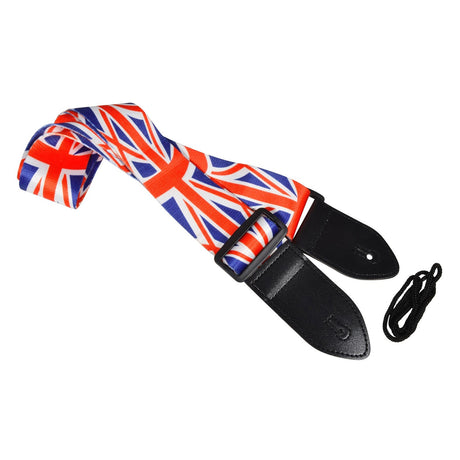 Introducing the Chord Union Flag Guitar Strap, crafted with durable nylon webbing and featuring a Union Jack design. It includes black leather ends, an adjustable buckle for customizable length, and a small black string loop beside the strap.