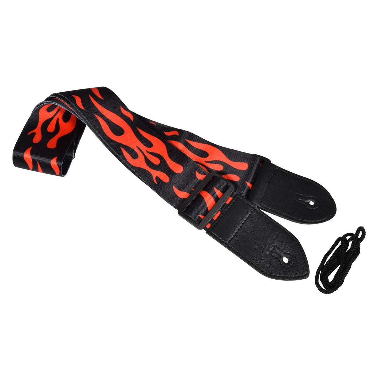 The Chord Flame Guitar Strap - Red is an eye-catching black strap adorned with red flame designs, made from sturdy nylon webbing. It includes adjustable leather ends and a small black attachment cord for added versatility.