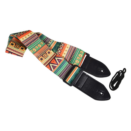 The Chord Aztec Design Guitar Strap features vibrant geometric patterns in orange, green, yellow, and black with an adjustable length. This strap combines durable nylon webbing with sturdy black leather ends and a black cord, offering style and reliability for musicians of all kinds.