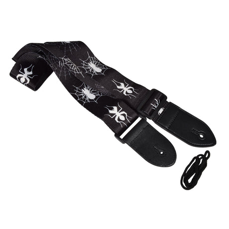 The Chord Spider Guitar Strap - White is a black guitar strap featuring adjustable length and adorned with white spider and web designs. It includes leather ends with slots for attaching to a guitar and is crafted from durable nylon webbing. A small black string is also included, likely for additional attachment.