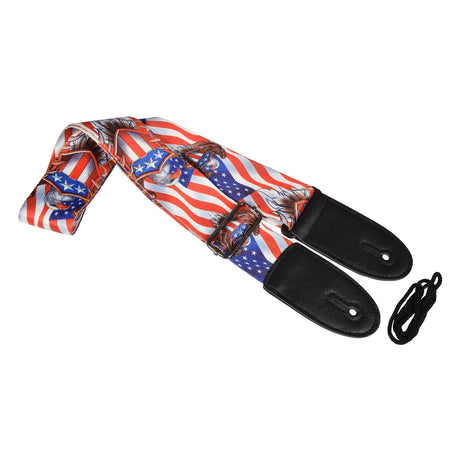 The Chord USA Eagle Deluxe Guitar Strap features a patriotic American theme, with red and white stripes, blue sections adorned with white stars, and an eagle design. It is crafted from durable nylon webbing and comes with black leather ends and an attached black string for a secure fit.