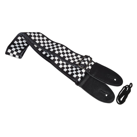 The Chord Two-Tone Deluxe Guitar Strap, featuring a black and white checkered design with leather ends, is displayed flat. Crafted from durable nylon webbing, it comes with a black string for easy attachment.