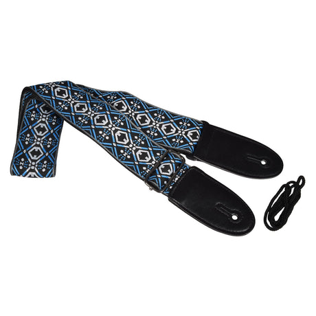 The Chord Jacquard Deluxe Guitar Strap - Blue showcases a bold geometric diamond design in black, blue, and white. Made from sturdy nylon webbing, it features black leather ends and includes a black attachment string for convenient use.