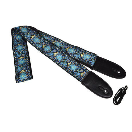 The Chord Floral Deluxe Guitar Strap in blue and black, showcasing a vibrant floral pattern, is displayed flat against a white background. Crafted from durable nylon webbing, it features black leather ends and includes a black string for attachment.