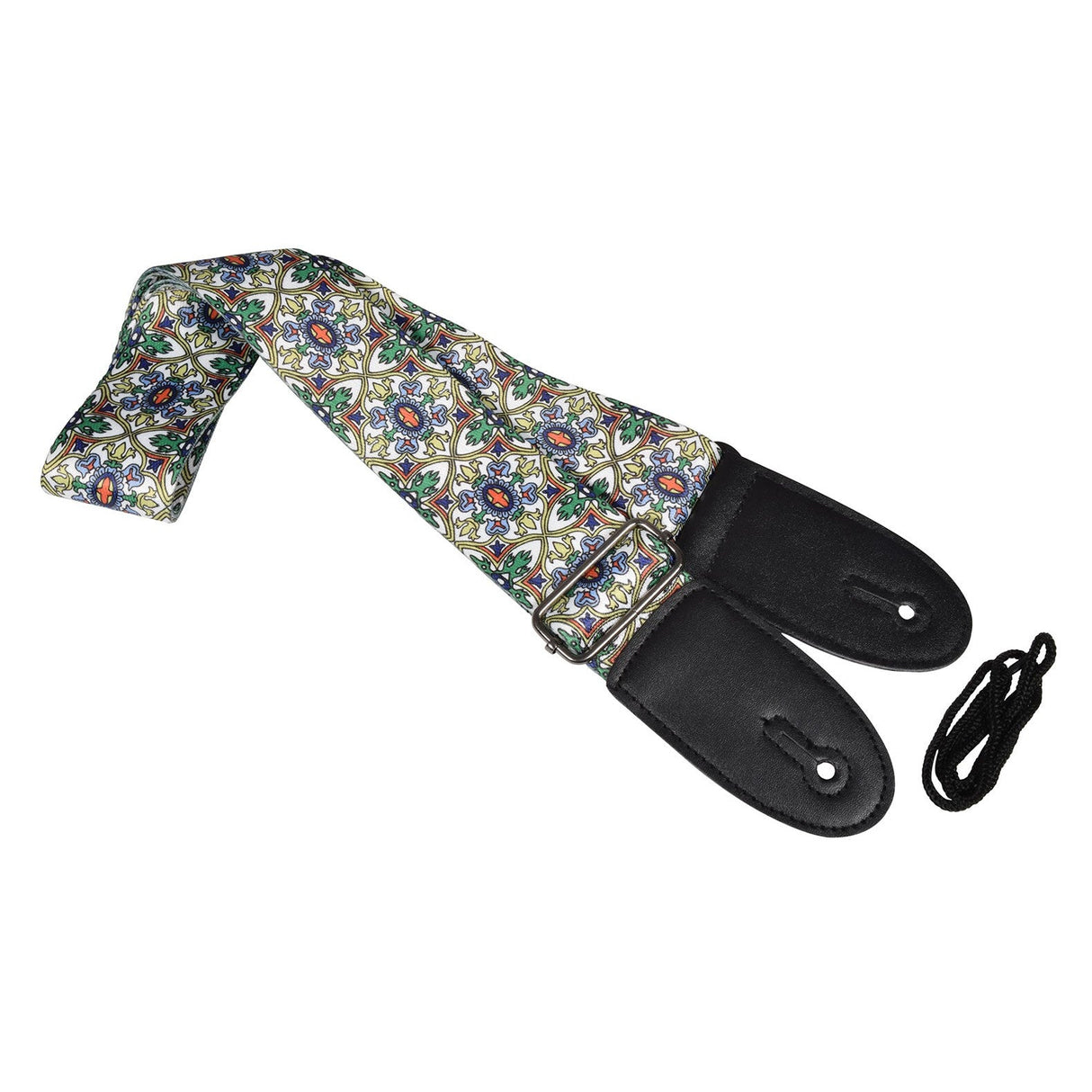 The Chord Multi-Colour Floral Deluxe Guitar Strap showcases a vibrant, detailed floral and geometric design on durable nylon webbing. It features black leather ends and comes with a black shoelace-style tie for effortless attachment. This adjustable strap provides both style and comfort during performances.