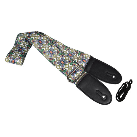 The Chord Multi-Colour Floral Deluxe Guitar Strap showcases a vibrant, detailed floral and geometric design on durable nylon webbing. It features black leather ends and comes with a black shoelace-style tie for effortless attachment. This adjustable strap provides both style and comfort during performances.