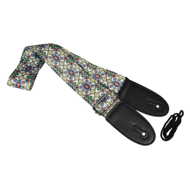 The Chord Multi-Colour Floral Deluxe Guitar Strap showcases a vibrant, detailed floral and geometric design on durable nylon webbing. It features black leather ends and comes with a black shoelace-style tie for effortless attachment. This adjustable strap provides both style and comfort during performances.