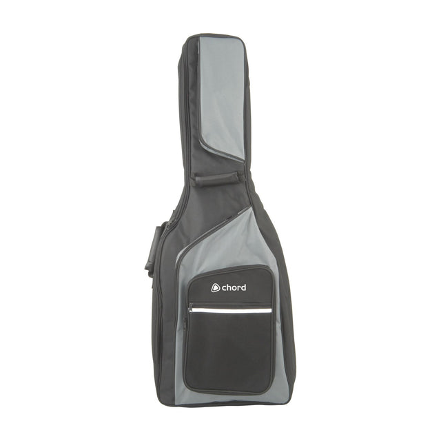 Chord GB-C1 padded classical guitar gig bag in black and grey nylon with front zip pocket, carry handle and shoulder strap, on a white background.