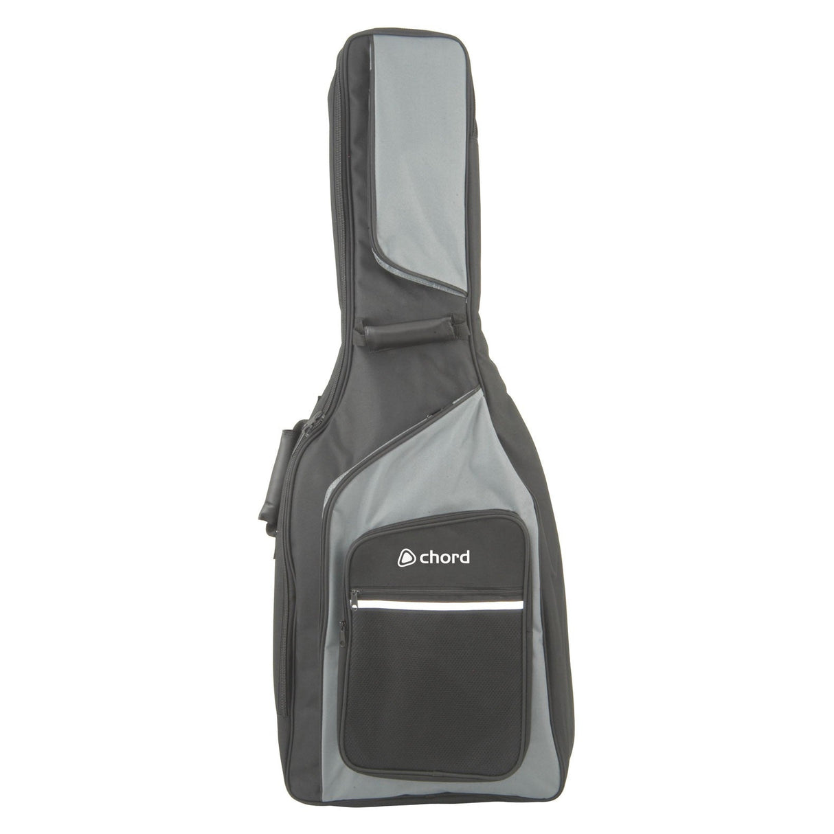 The Chord Guitar Gig Bag Classical is a black and gray padded carrying case featuring the Chord brand name on its front pocket. It has a heavy-duty zip that secures its padded interior, along with spacious compartments and a sturdy handle for easy transport.