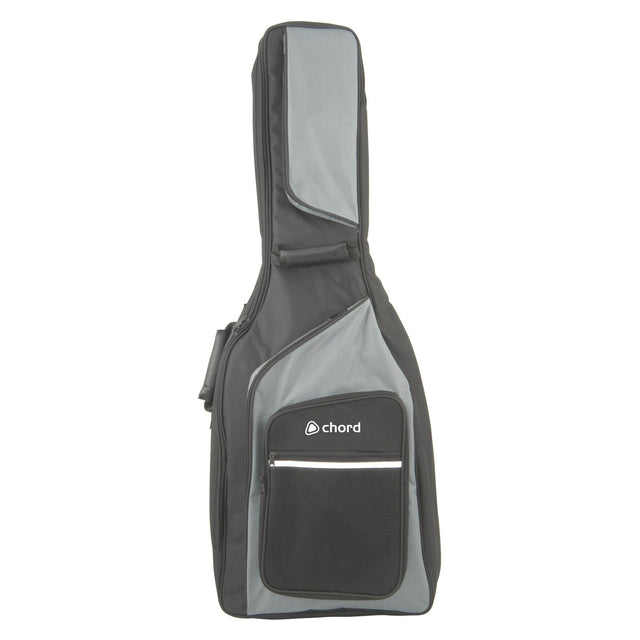 The Chord Guitar Gig Bag Classical is a black and gray padded carrying case featuring the Chord brand name on its front pocket. It has a heavy-duty zip that secures its padded interior, along with spacious compartments and a sturdy handle for easy transport.