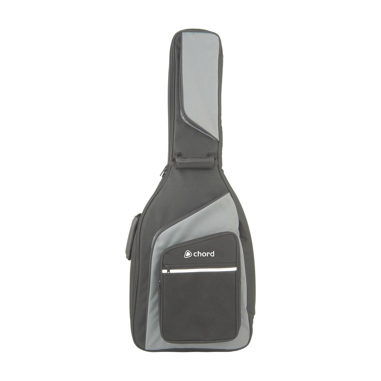 Chord GB-3C1 padded 3/4 guitar gig bag in black and grey water-resistant nylon, with front zip pocket, carry handle and shoulder strap, on white.