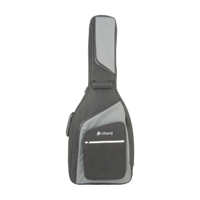 Chord GB-3C1 padded 3/4 guitar gig bag in black and grey water-resistant nylon, with front zip pocket, carry handle and shoulder strap, on white.