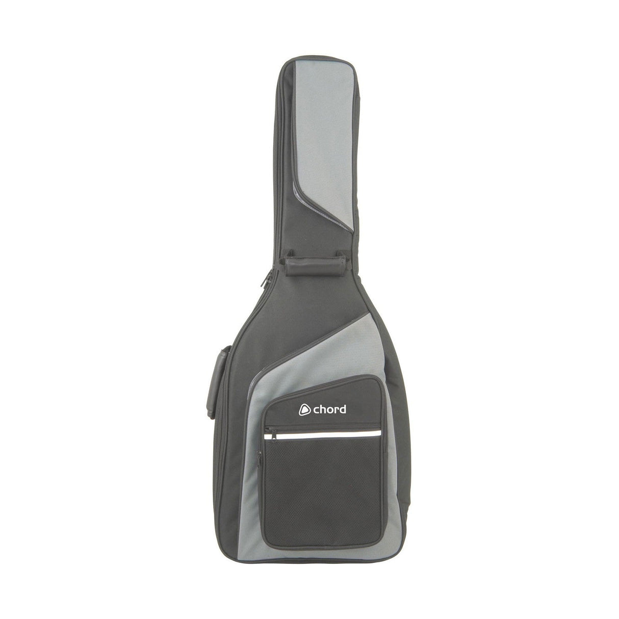 The Chord Guitar Gig Bag 3/4 Or Travel Guitar is a black and gray carry bag designed with a handle, made from water-resistant nylon and featuring a padded interior. It includes a front zippered pocket with the brand Chord printed on it and is designed to snugly fit an acoustic or electric guitar.